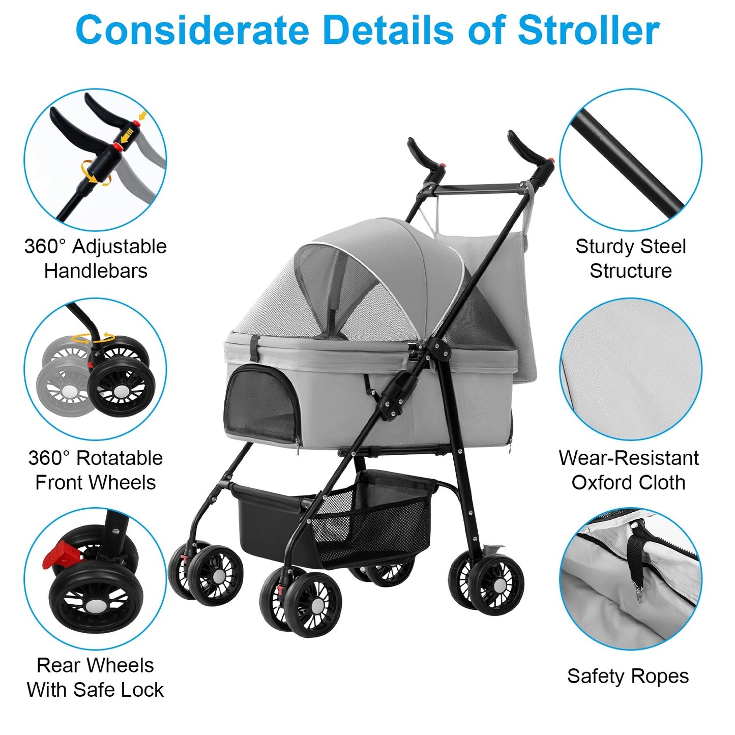 4-Wheel Foldable Pet Stroller with Removable Carrier & Storage – Dog & Cat Travel Jogger