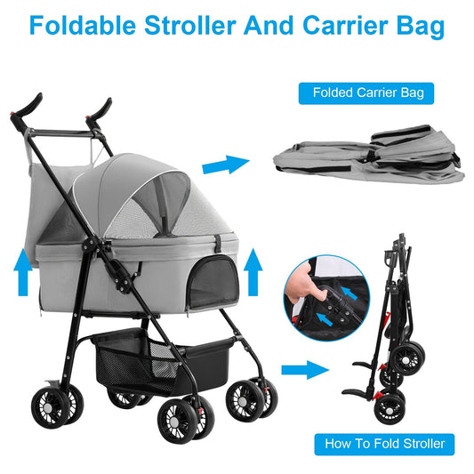 4-Wheel Foldable Pet Stroller with Removable Carrier & Storage – Dog & Cat Travel Jogger