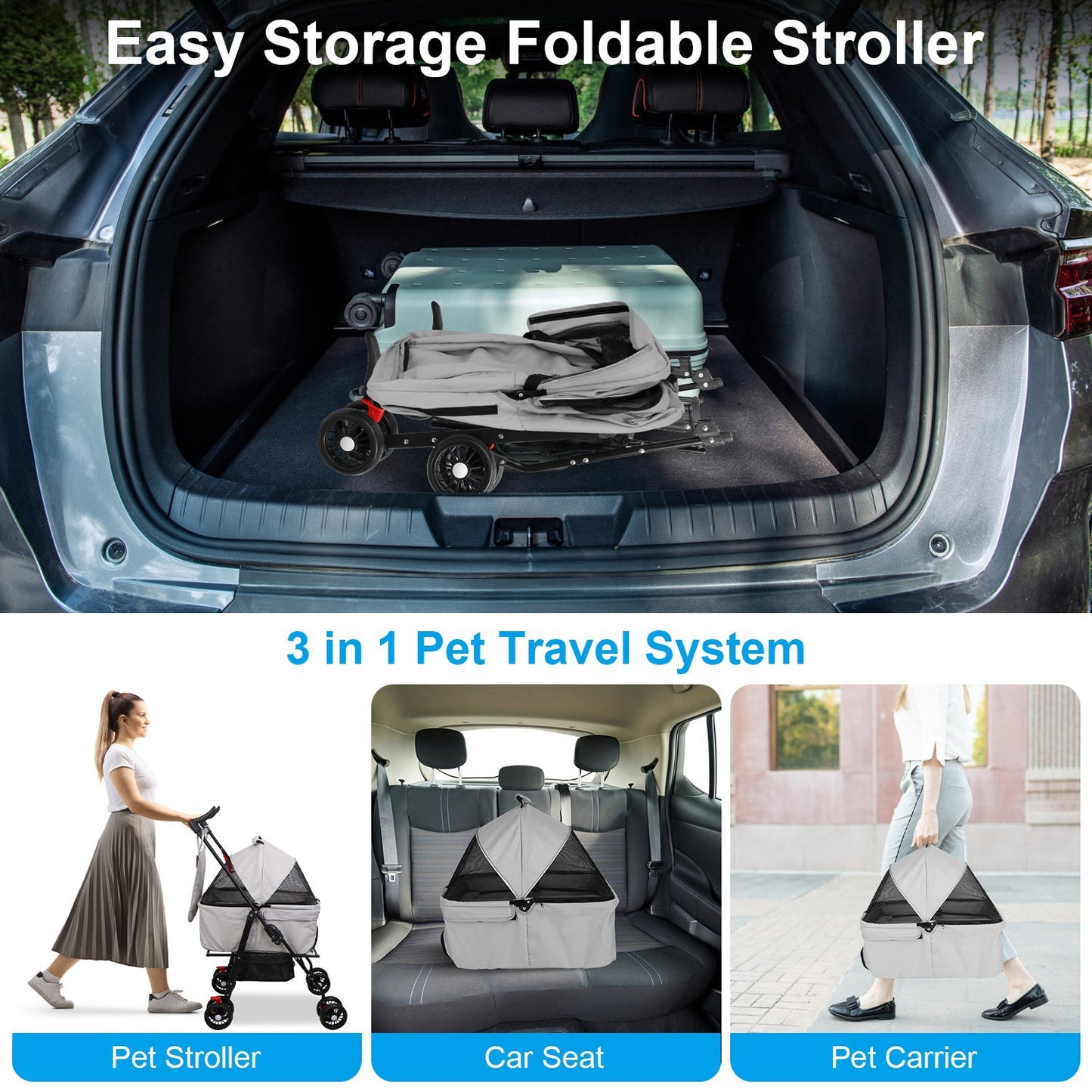 4-Wheel Foldable Pet Stroller with Removable Carrier & Storage – Dog & Cat Travel Jogger