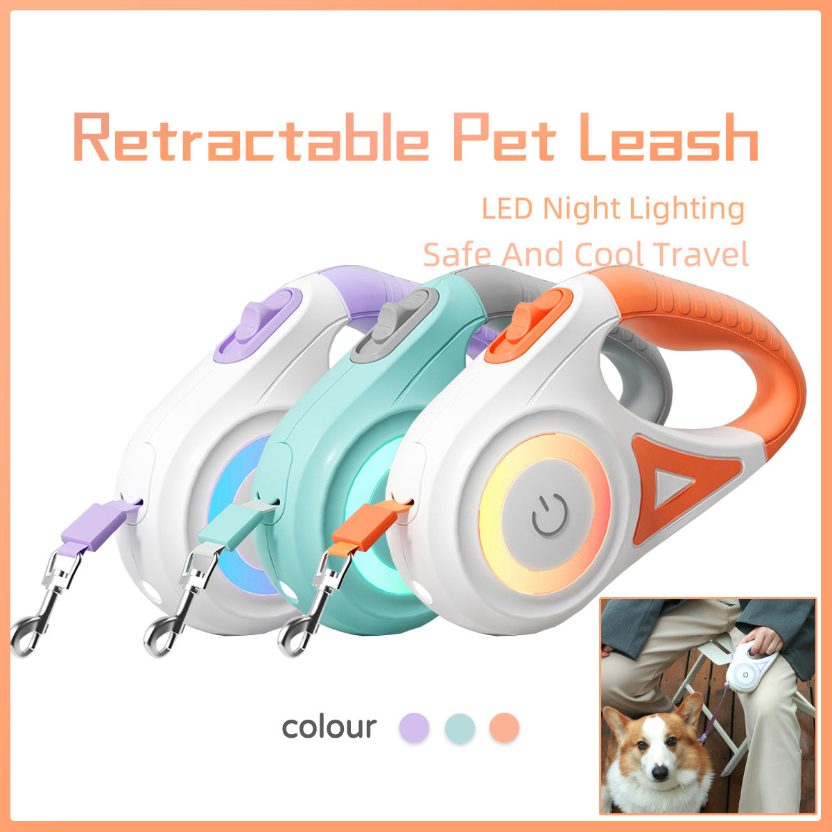 Retractable Dog Leash with Collar – Automatic Lock & Spotlight for Small & Medium Pets